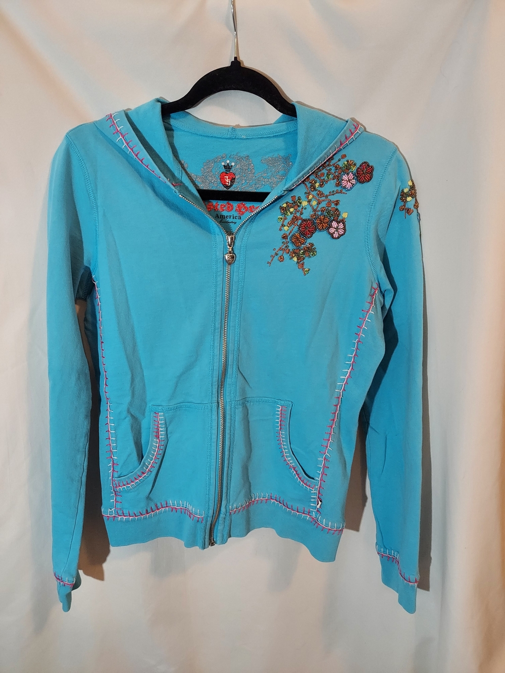 Vintage Twisted Heart Y2K Turquoise Embroidered Floral Zip Hoodie